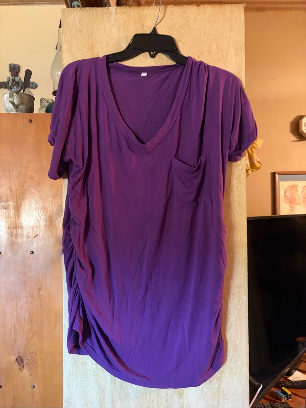 Purple V-Neck Short Sleeve Pocket Top - Womens